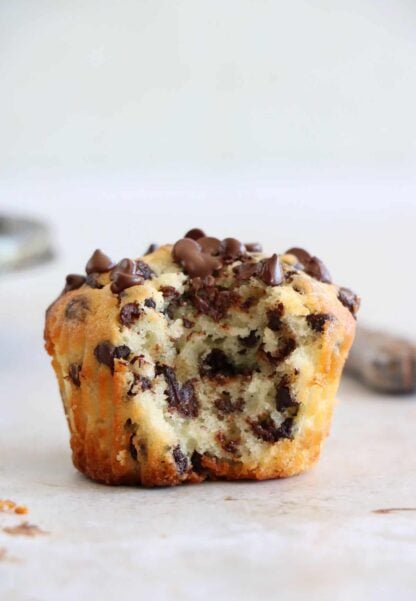 These are the BEST chocolate chip muffins. Easy to make, these muffins are fluffy, moist and tender, and loaded with mini chocolate chips.