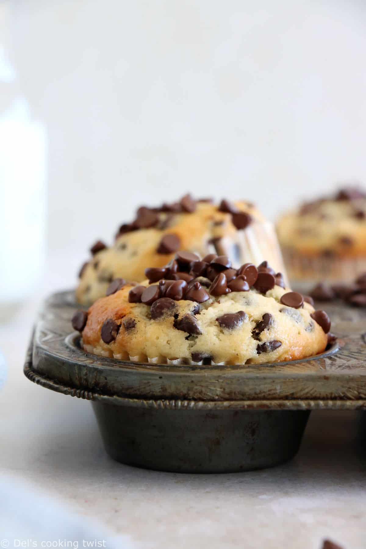 These are the BEST chocolate chip muffins. Easy to make, these muffins are fluffy, moist and tender, and loaded with mini chocolate chips.