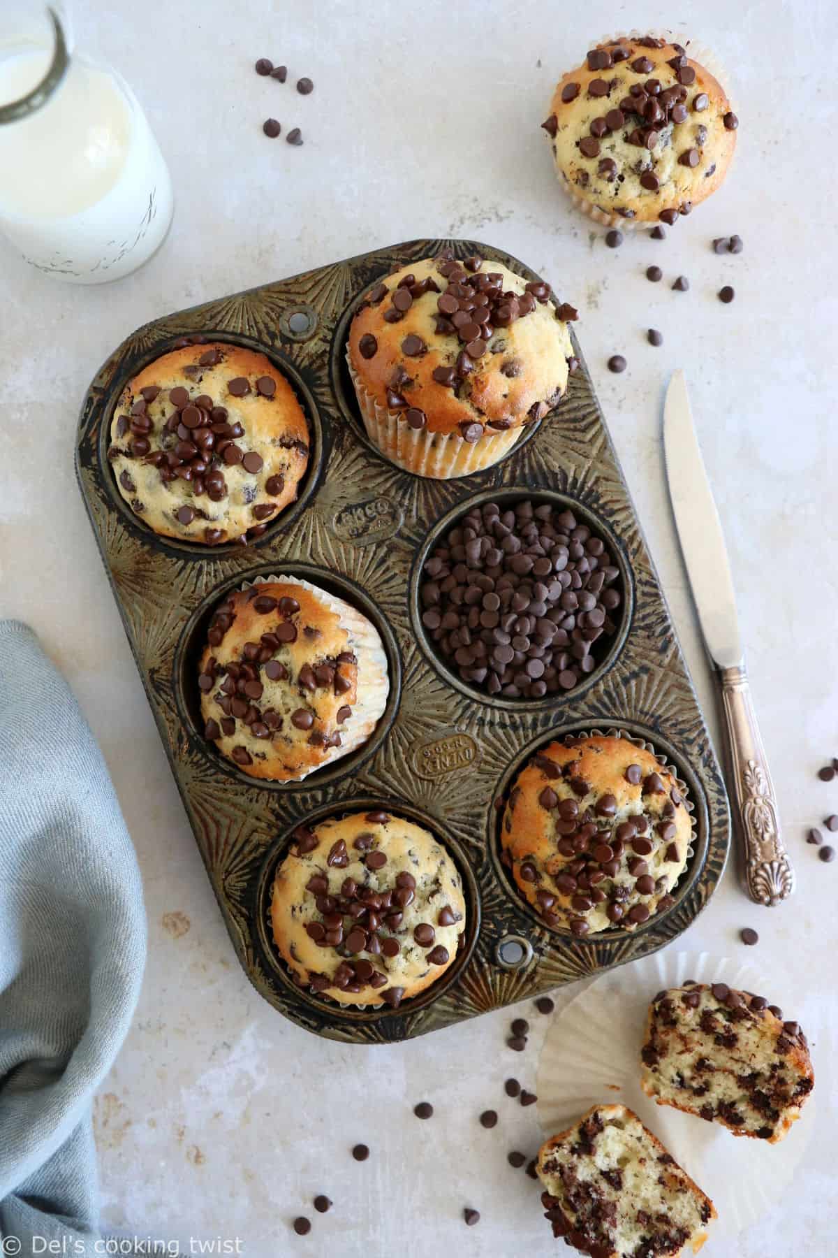 These are the BEST chocolate chip muffins. Easy to make, these muffins are fluffy, moist and tender, and loaded with mini chocolate chips.