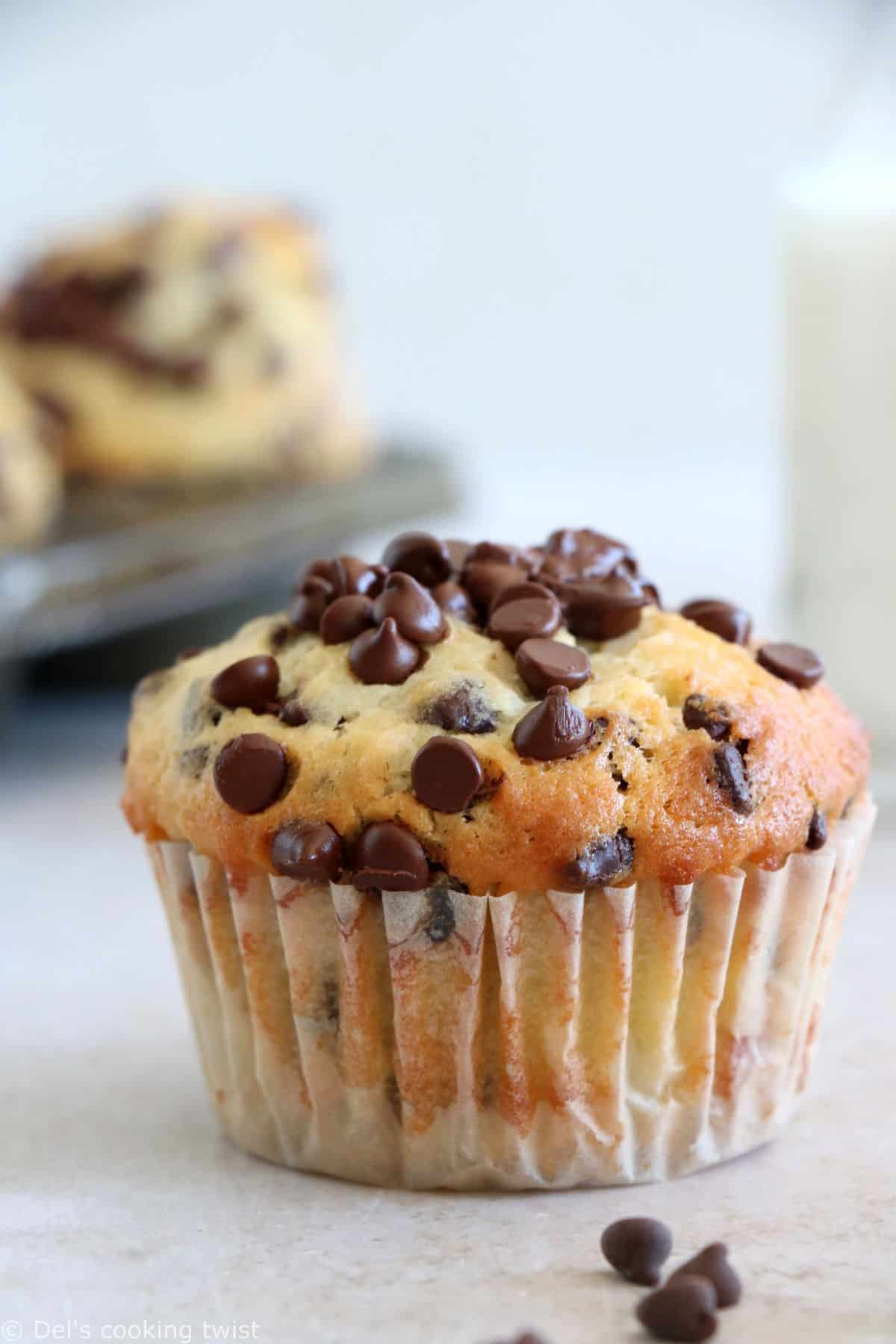 These are the BEST chocolate chip muffins. Easy to make, these muffins are fluffy, moist and tender, and loaded with mini chocolate chips.