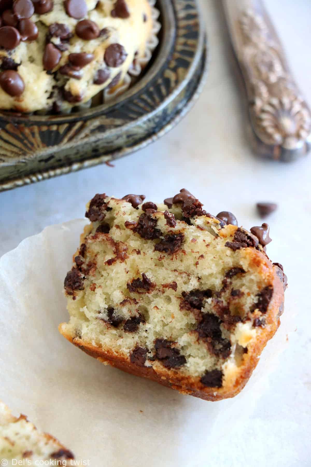 These are the BEST chocolate chip muffins. Easy to make, these muffins are fluffy, moist and tender, and loaded with mini chocolate chips.