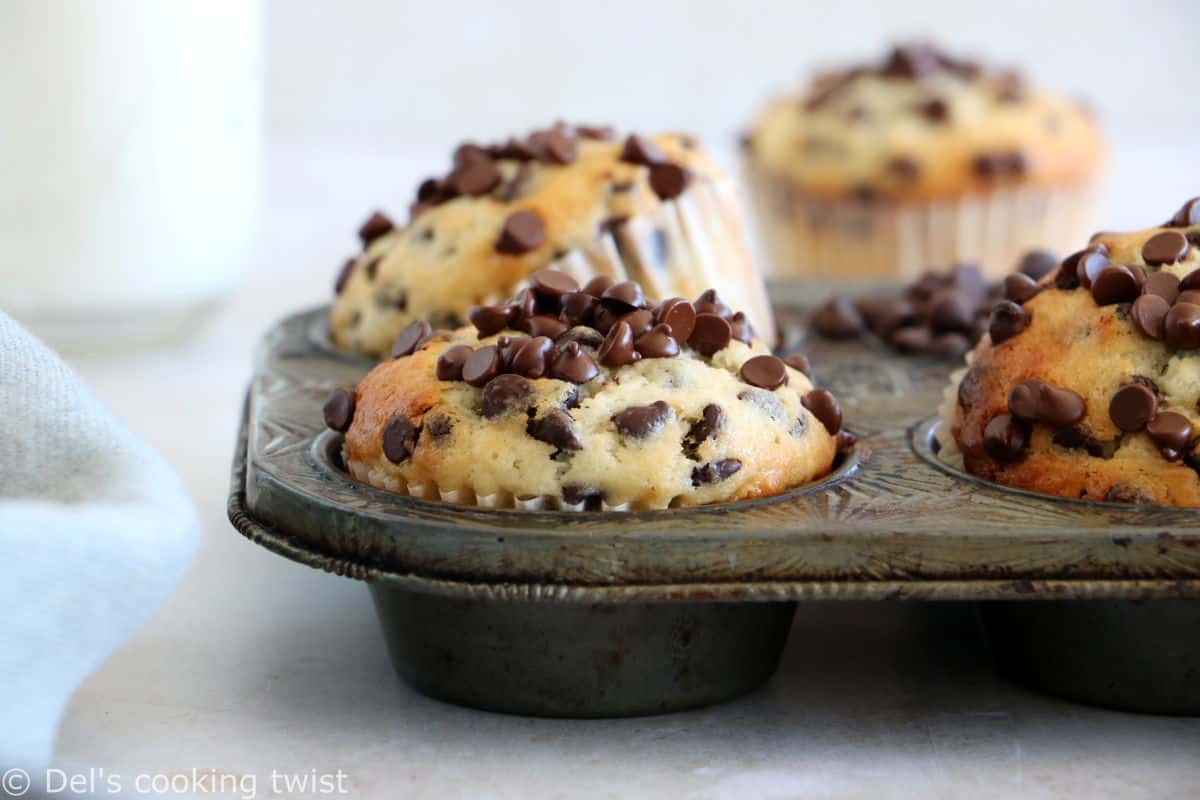 These are the BEST chocolate chip muffins. Easy to make, these muffins are fluffy, moist and tender, and loaded with mini chocolate chips.