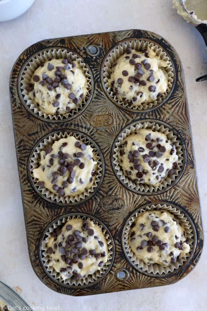 These are the BEST chocolate chip muffins. Easy to make, these muffins are fluffy, moist and tender, and loaded with mini chocolate chips.