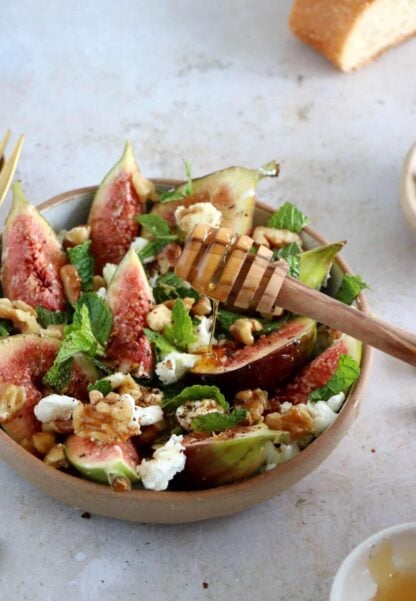 This simple fig and goat cheese salad with honey is bursting with refreshing flavors. A quick 5-minute recipe that is both vegetarian and gluten-free.