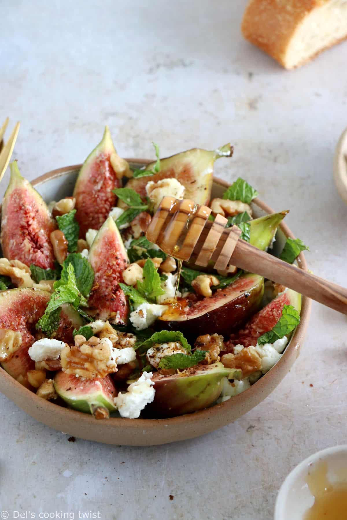 This simple fig and goat cheese salad with honey is bursting with refreshing flavors. A quick 5-minute recipe that is both vegetarian and gluten-free.