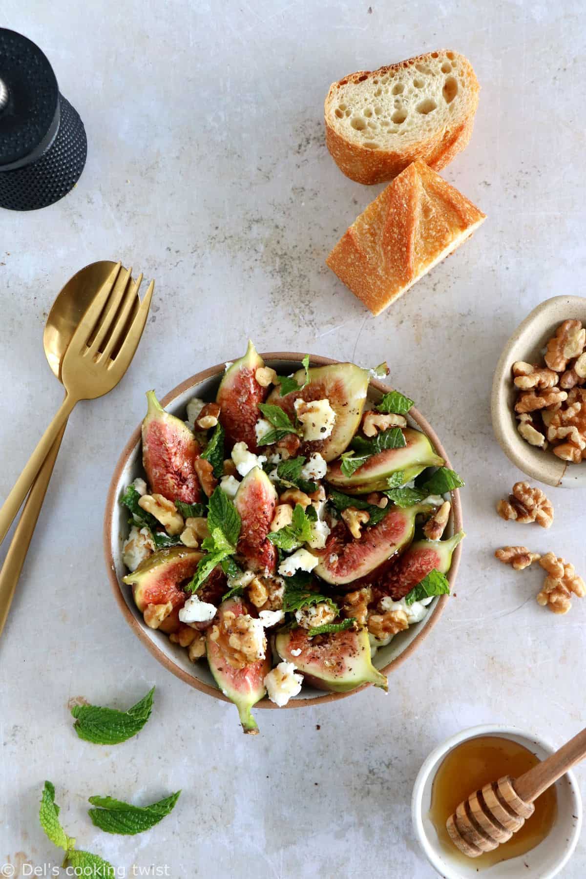 This simple fig and goat cheese salad with honey is bursting with refreshing flavors. A quick 5-minute recipe that is both vegetarian and gluten-free.