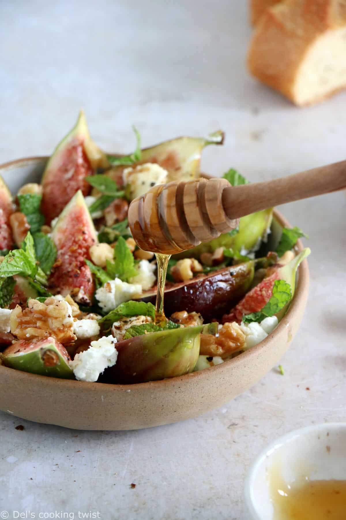 This simple fig and goat cheese salad with honey is bursting with refreshing flavors. A quick 5-minute recipe that is both vegetarian and gluten-free.