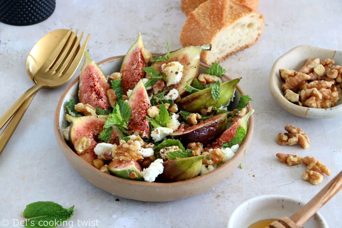 This simple fig and goat cheese salad with honey is bursting with refreshing flavors. A quick 5-minute recipe that is both vegetarian and gluten-free.