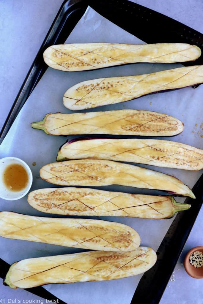 Miso-glazed Japanese eggplant (Nasu Dengaku) is a traditional Japanese side dish, loaded with umami flavors. Ready within 30 minutes, this easy recipe yields some delicious tender eggplant slices, caramelized with a sweet and salty miso glaze.