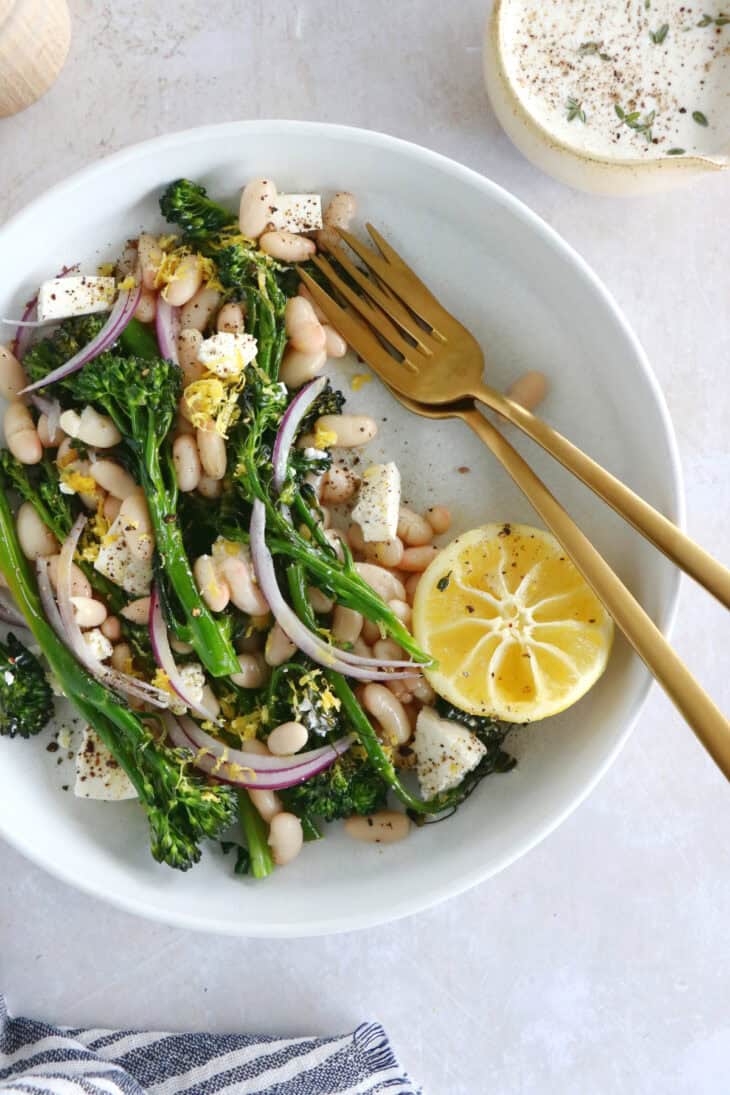 This vibrant roasted broccolini and white bean salad with feta is a simple healthy salad recipe filled with refreshing flavors.