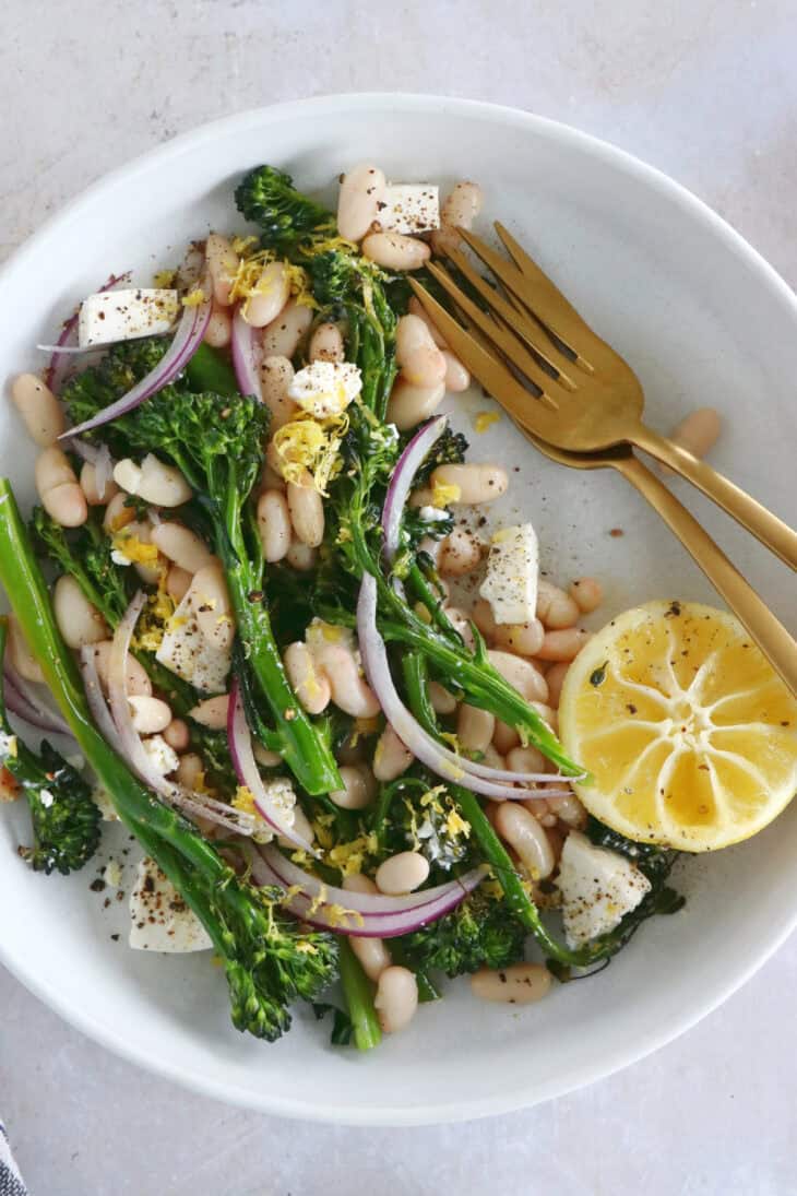 This vibrant roasted broccolini and white bean salad with feta is a simple healthy salad recipe filled with refreshing flavors.