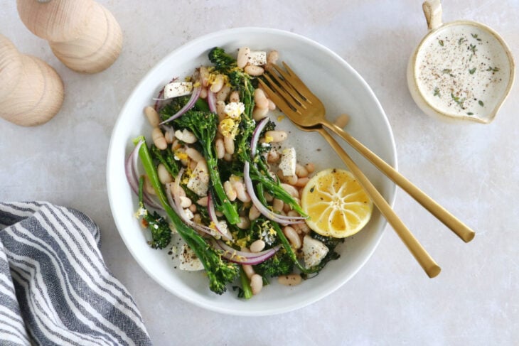 This vibrant roasted broccolini and white bean salad with feta is a simple healthy salad recipe filled with refreshing flavors.