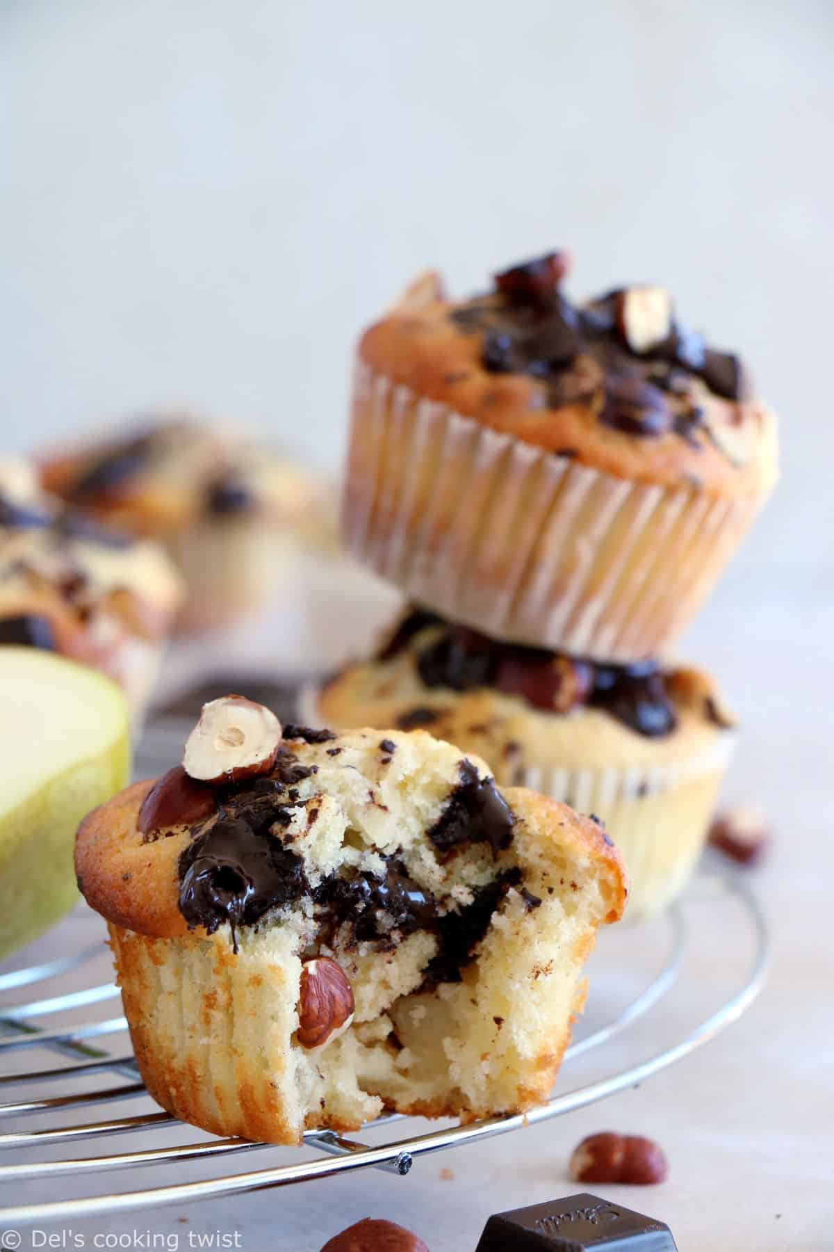 Hazelnut pear and chocolate chip muffins make a fantastic fall treat for an afternoon tea. They are loaded with dark chocolate chunks, juicy pears, and hazelnuts for an irresistible crunchy bite.