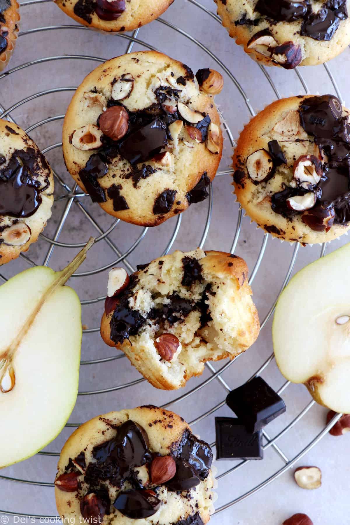 Hazelnut pear and chocolate chip muffins make a fantastic fall treat for an afternoon tea. They are loaded with dark chocolate chunks, juicy pears, and hazelnuts for an irresistible crunchy bite.