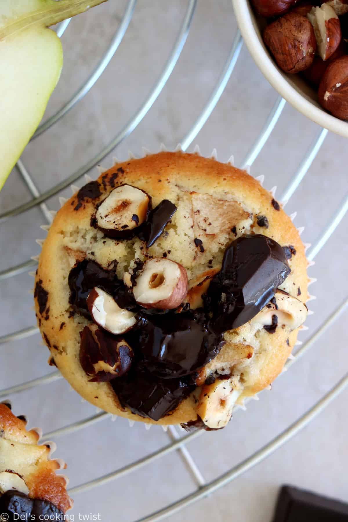 Hazelnut pear and chocolate chip muffins make a fantastic fall treat for an afternoon tea. They are loaded with dark chocolate chunks, juicy pears, and hazelnuts for an irresistible crunchy bite.