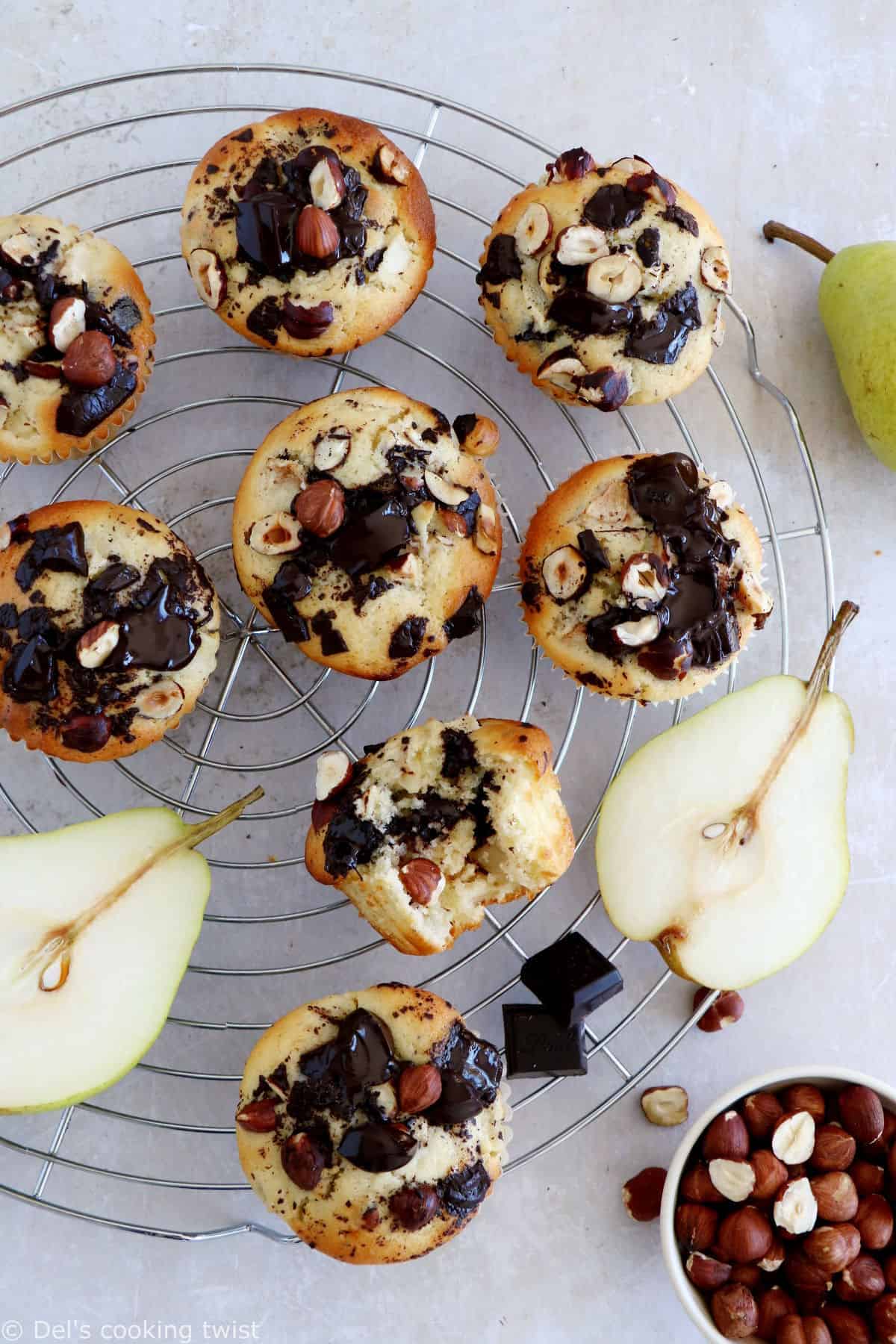 Hazelnut pear and chocolate chip muffins make a fantastic fall treat for an afternoon tea. They are loaded with dark chocolate chunks, juicy pears, and hazelnuts for an irresistible crunchy bite.