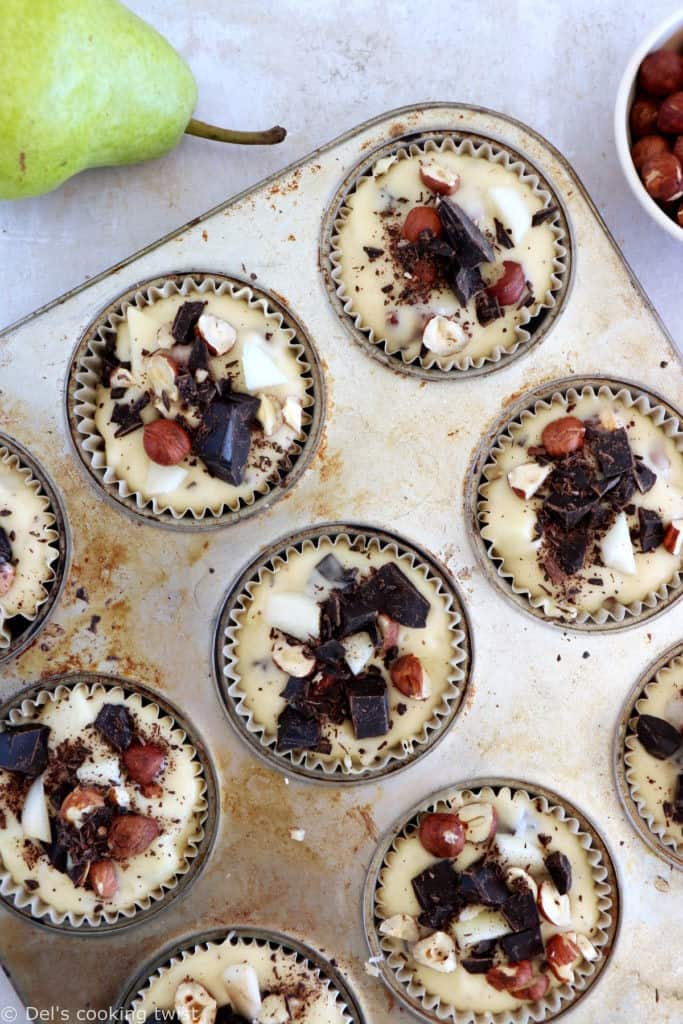 Hazelnut pear and chocolate chip muffins make a fantastic fall treat for an afternoon tea. They are loaded with dark chocolate chunks, juicy pears, and hazelnuts for an irresistible crunchy bite.