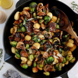 Mushrooms and Brussels sprouts gnocchi feature some crispy maple roasted Brussels sprouts, combined with garlic brown butter pan-fried gnocchi.