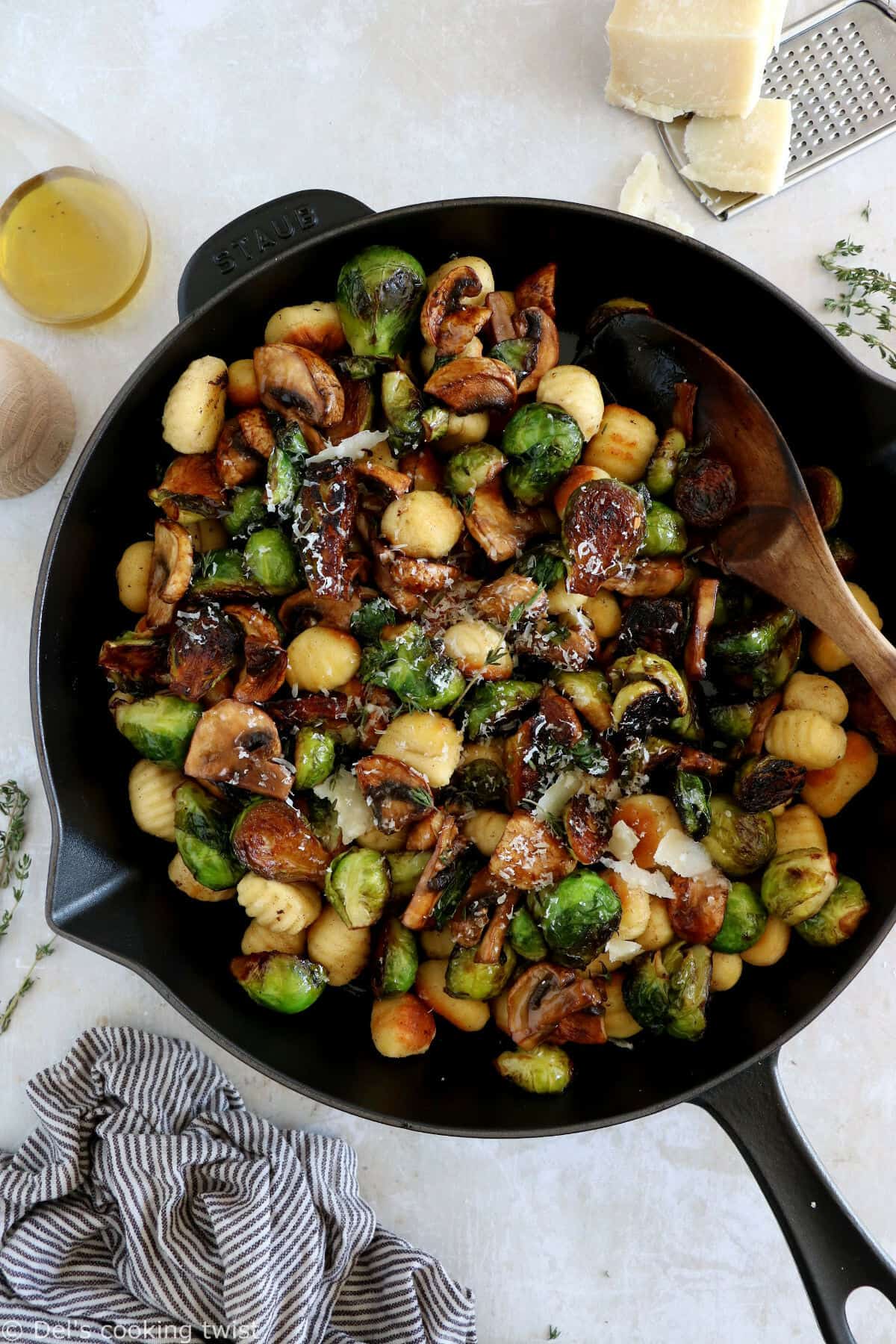 Mushrooms and Brussels sprouts gnocchi feature some crispy maple roasted Brussels sprouts, combined with garlic brown butter pan-fried gnocchi.