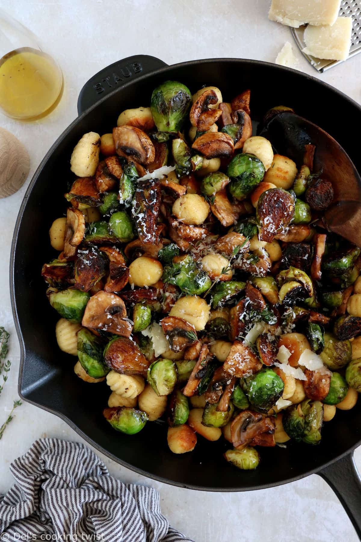 Mushrooms and Brussels sprouts gnocchi feature some crispy maple roasted Brussels sprouts, combined with garlic brown butter pan-fried gnocchi.