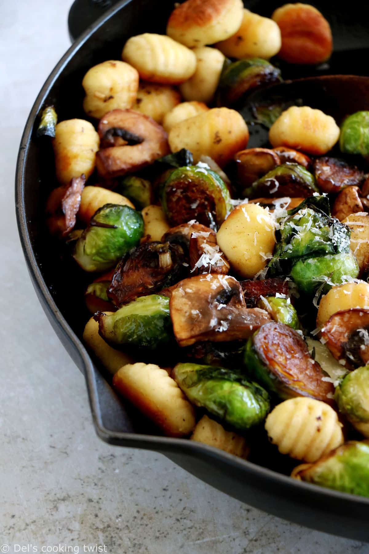 Mushrooms and Brussels sprouts gnocchi feature some crispy maple roasted Brussels sprouts, combined with garlic brown butter pan-fried gnocchi.