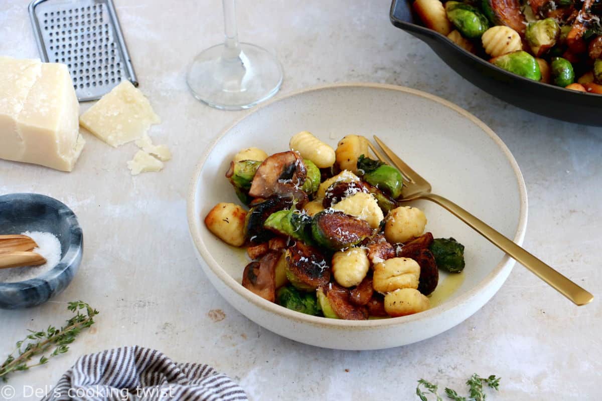 Mushrooms and Brussels sprouts gnocchi feature some crispy maple roasted Brussels sprouts, combined with garlic brown butter pan-fried gnocchi.