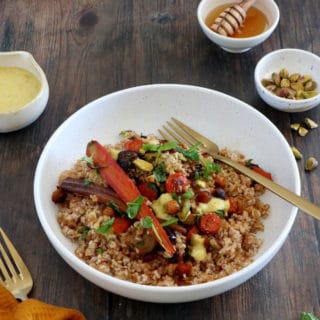 These caramelized carrots and chickpeas with bulgur make an impressive side or vegetarian main for those cozy days out there.