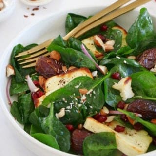 Grilled halloumi salad with dates and baby spinach is a colorful Middle-Eastern salad, loaded with sweet and savory flavors.