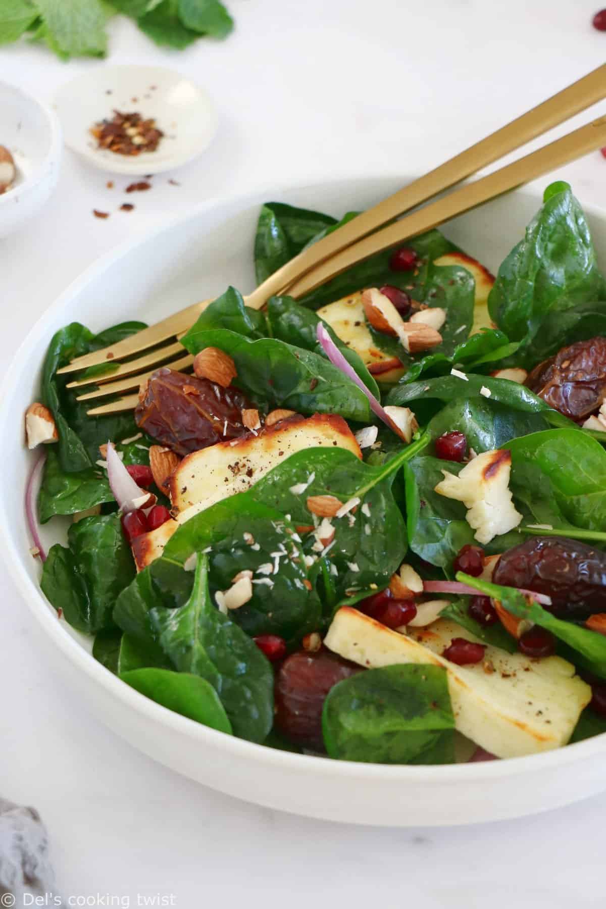 Grilled halloumi salad with dates and baby spinach is a colorful Middle-Eastern salad, loaded with sweet and savory flavors.