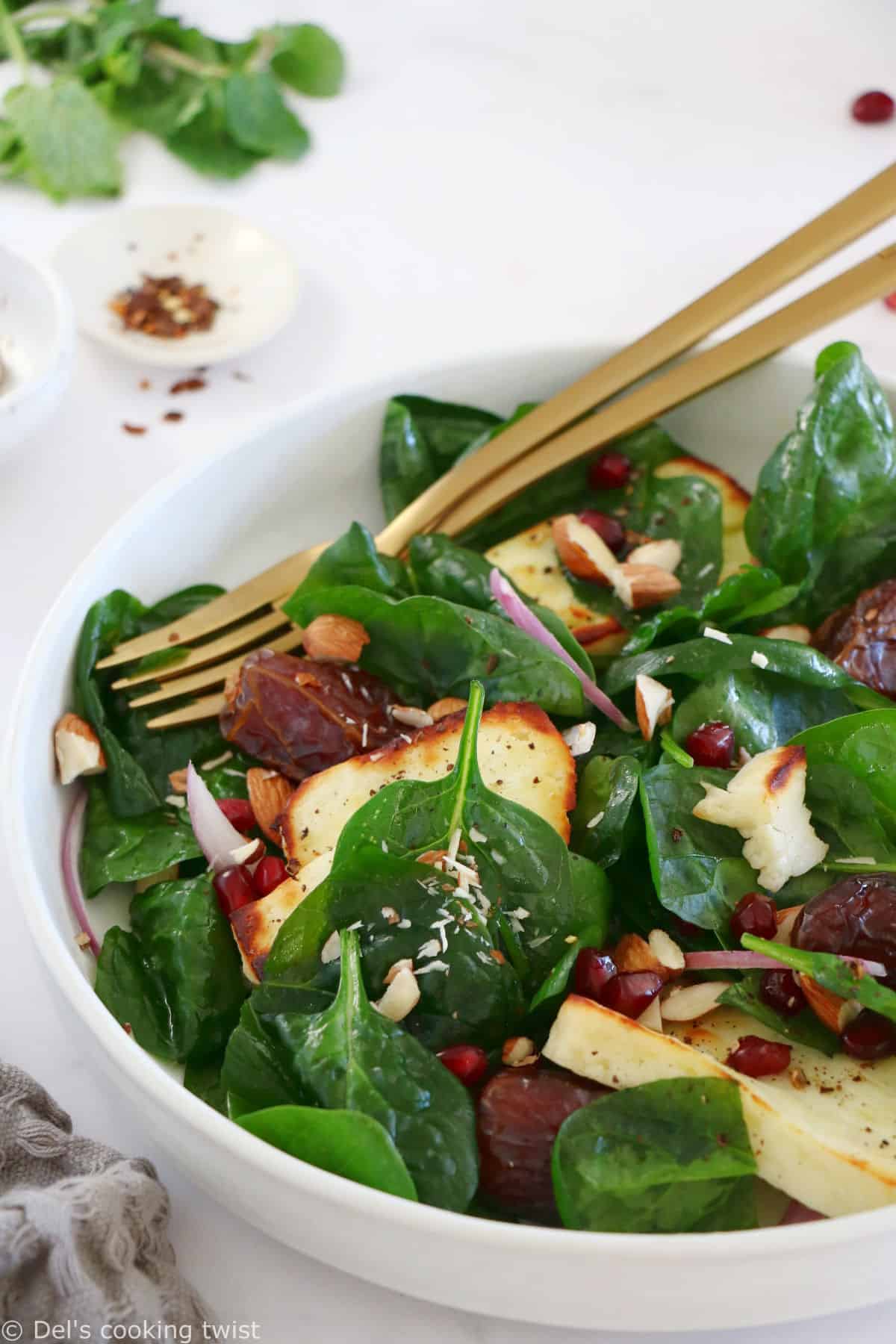 Grilled halloumi salad with dates and baby spinach is a colorful Middle-Eastern salad, loaded with sweet and savory flavors.