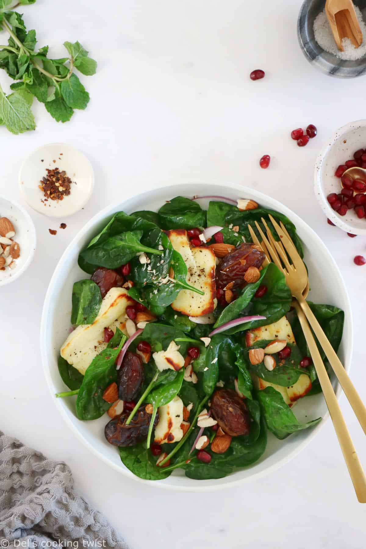 Grilled halloumi salad with dates and baby spinach is a colorful Middle-Eastern salad, loaded with sweet and savory flavors.