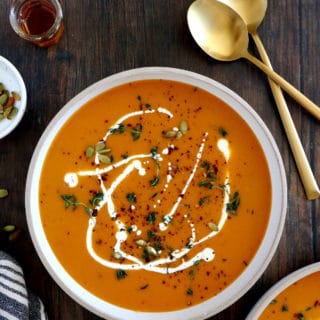 Roasted garlic butternut squash soup is an effortless soup recipe loaded with intense earthy and smoky flavors.