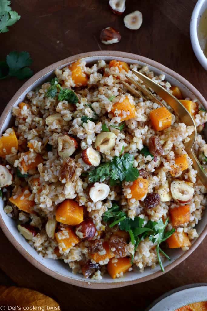 Butternut squash tabbouleh is prepared with bulgur, raisins, crunchy hazelnuts and fresh cilantro, generously coated in a honey vinaigrette.