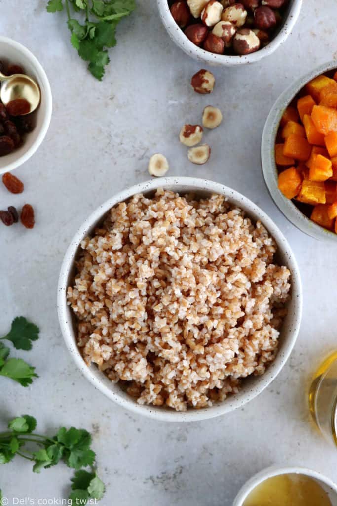 Butternut squash tabbouleh is prepared with bulgur, raisins, crunchy hazelnuts and fresh cilantro, generously coated in a honey vinaigrette.