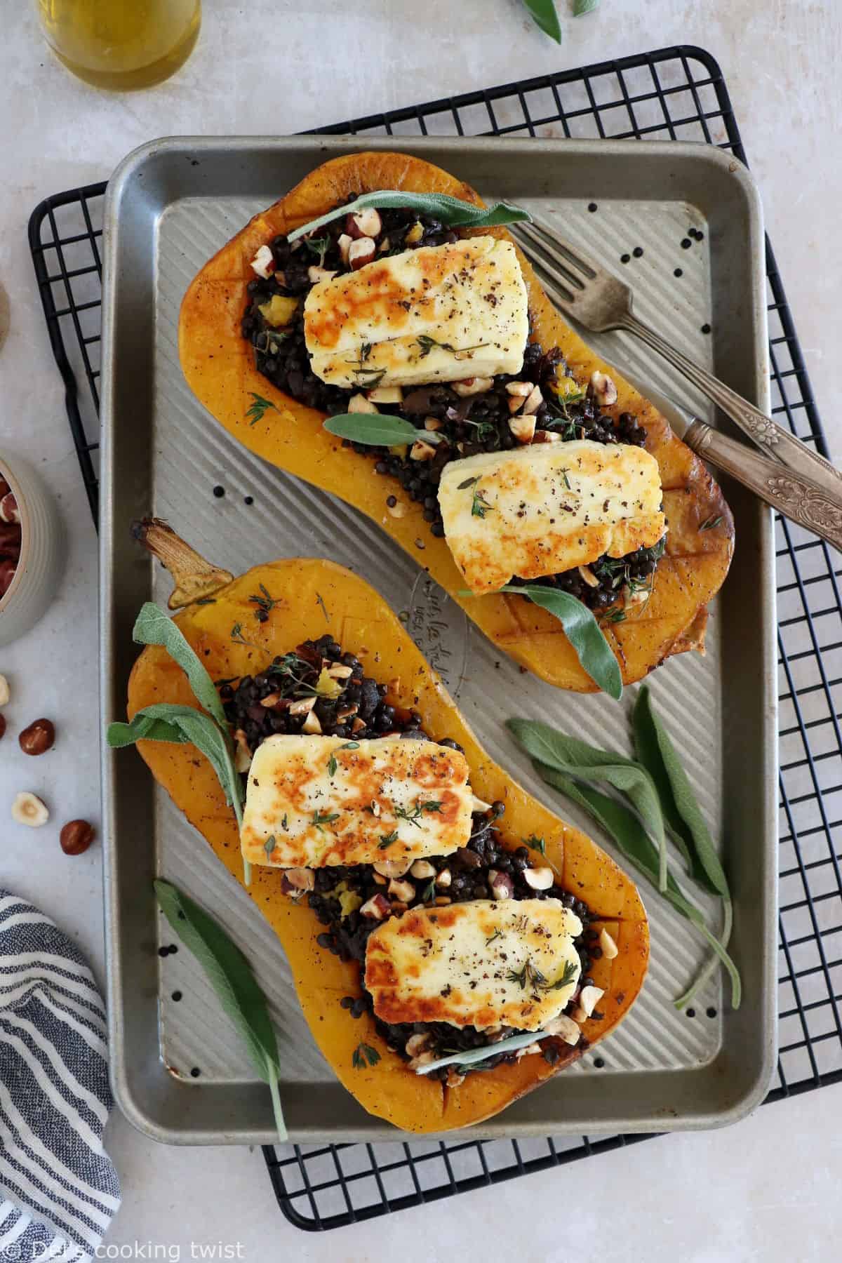 Lentil stuffed butternut squash with halloumi is a simple recipe, healthy, gluten-free, and very satisfying.