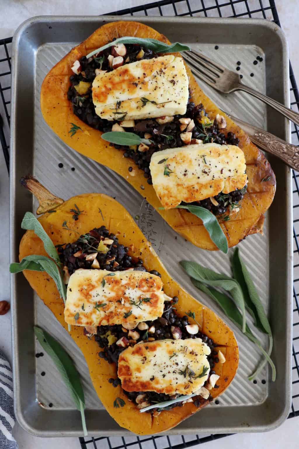 Lentil Stuffed Butternut Squash with Halloumi - Del's cooking twist
