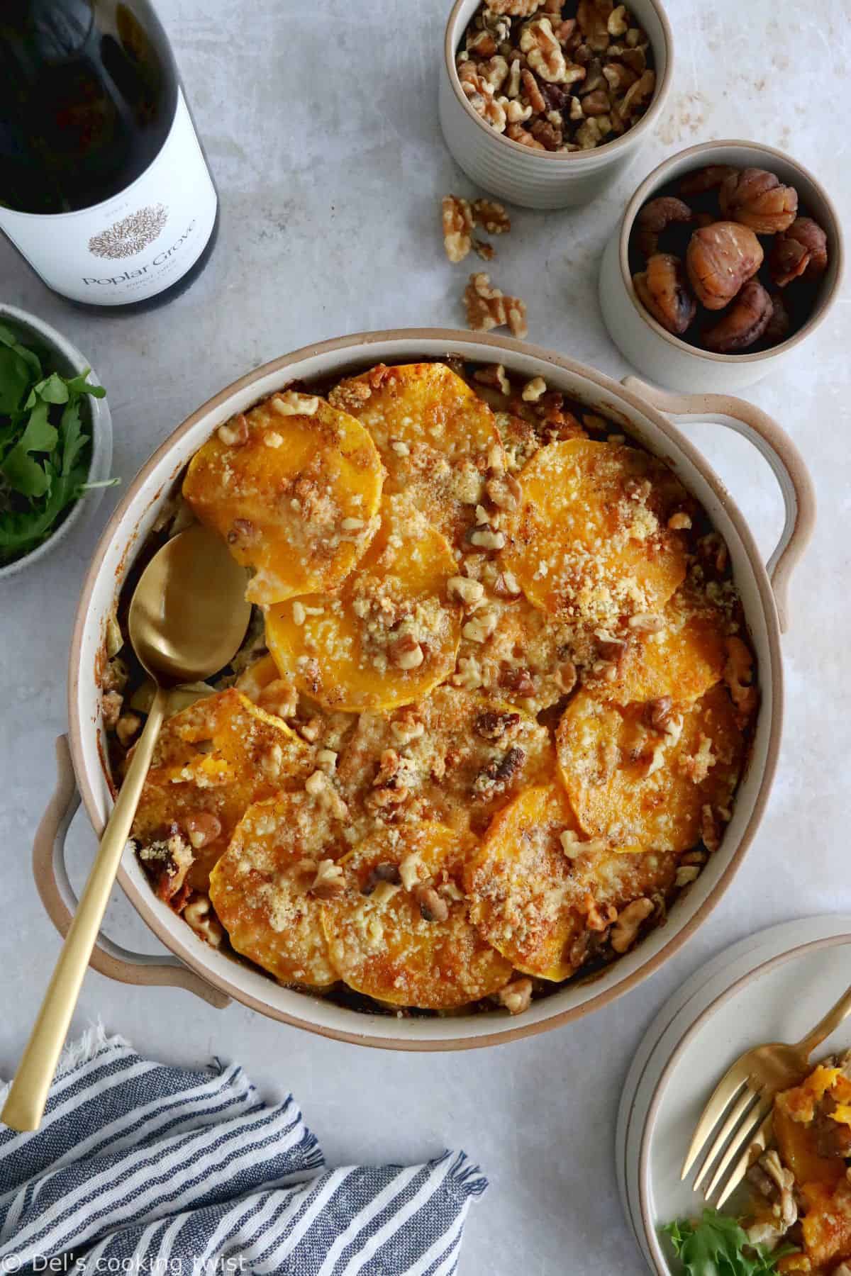 Butternut squash gratin with chestnuts and leeks makes a wonderful side or vegetarian main for the holidays or any other occasion during the cold season.