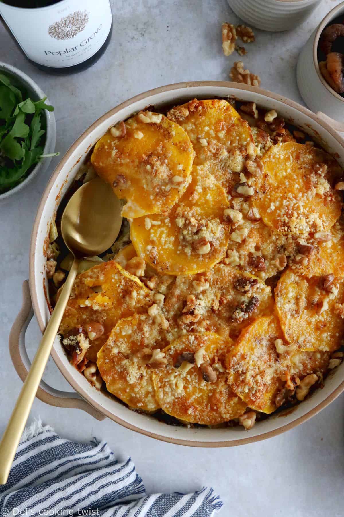 Butternut squash gratin with chestnuts and leeks makes a wonderful side or vegetarian main for the holidays or any other occasion during the cold season.