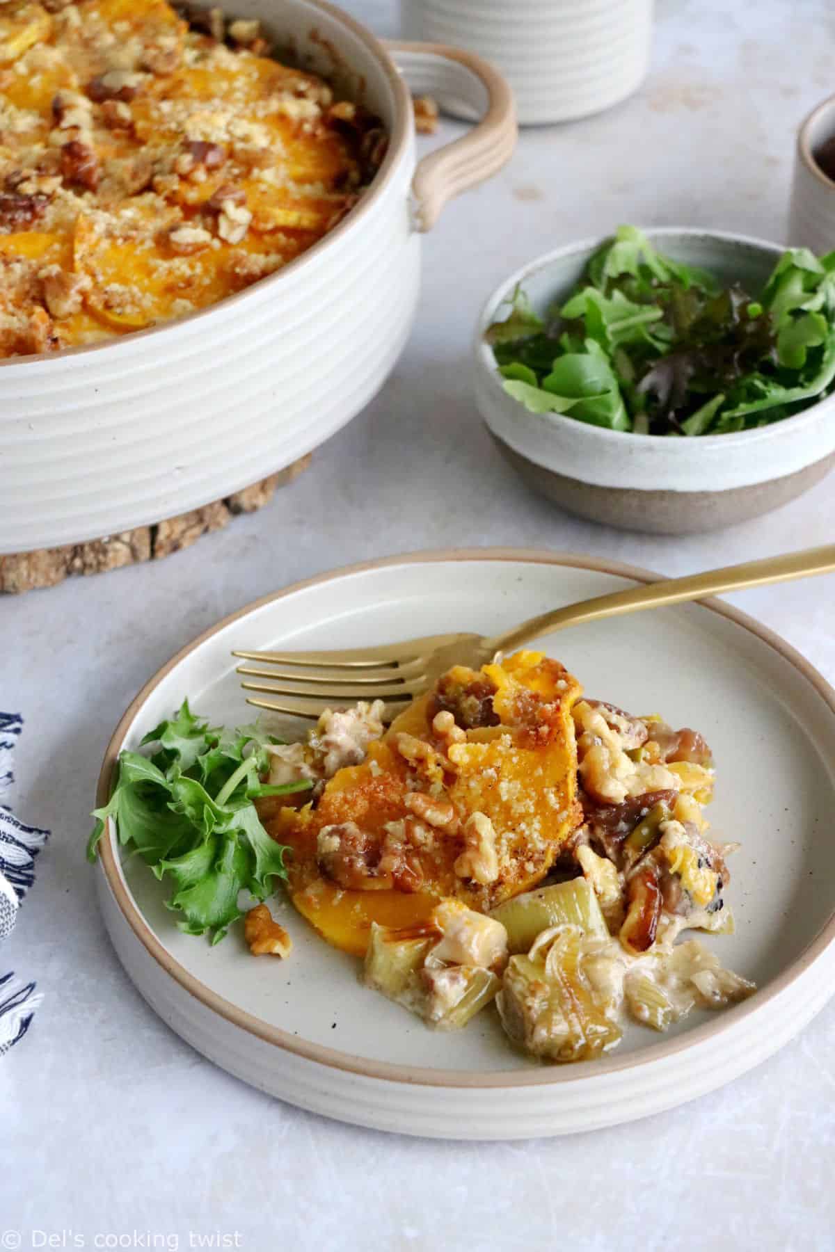 Butternut squash gratin with chestnuts and leeks makes a wonderful side or vegetarian main for the holidays or any other occasion during the cold season.