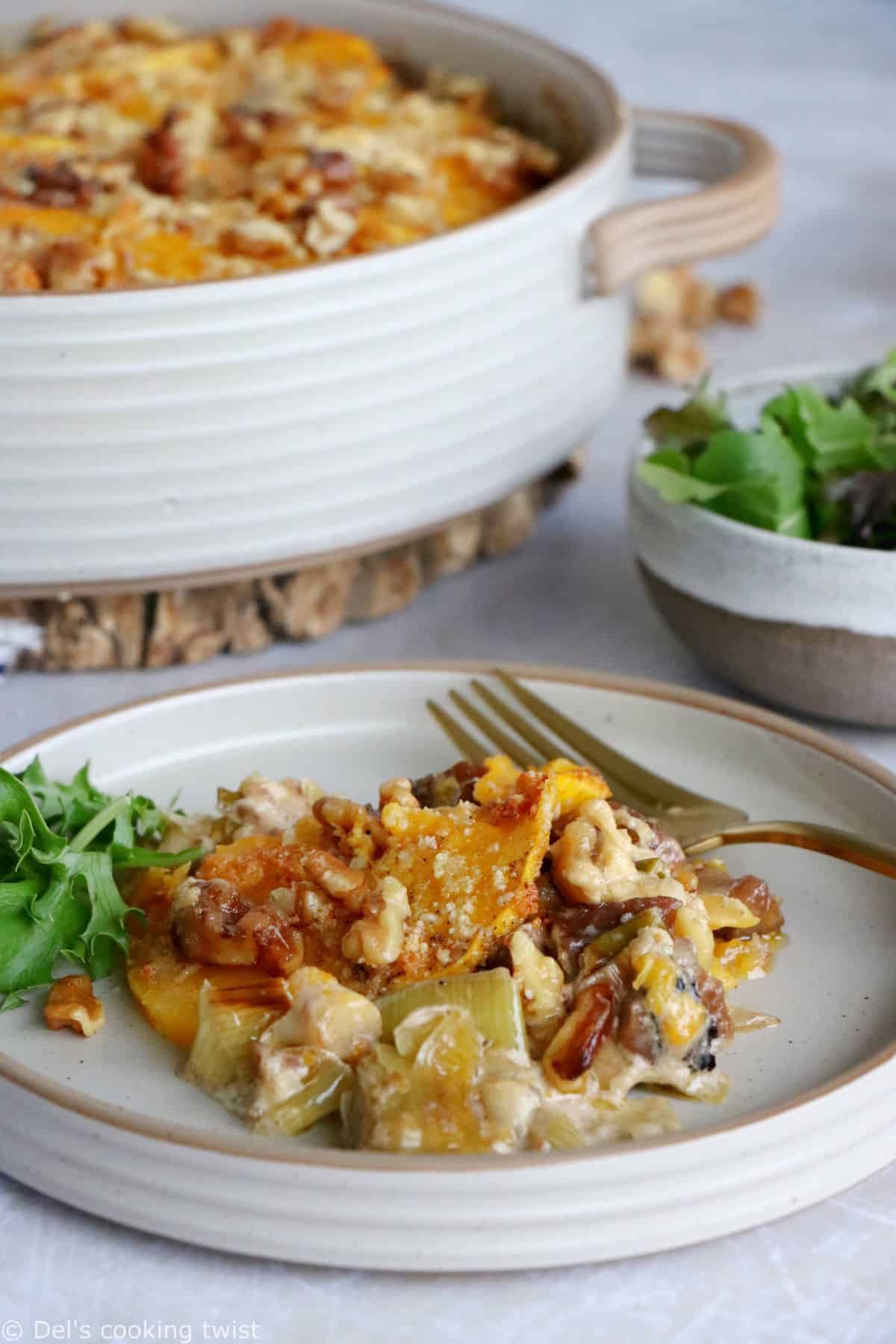 Butternut squash gratin with chestnuts and leeks makes a wonderful side or vegetarian main for the holidays or any other occasion during the cold season.