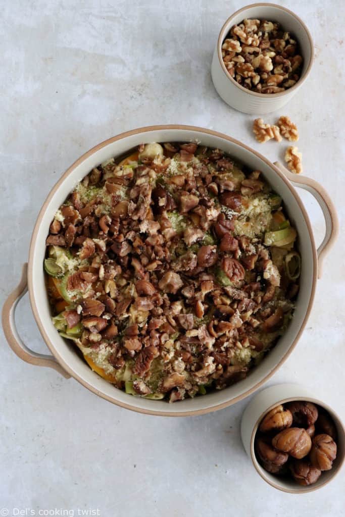 Butternut squash gratin with chestnuts and leeks makes a wonderful side or vegetarian main for the holidays or any other occasion during the cold season.