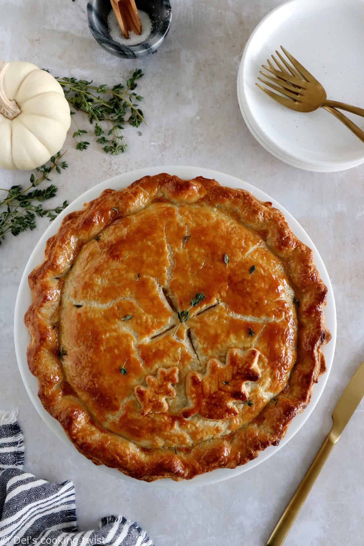 This butternut squash and lentil pot pie is prepared with a hearty and creamy vegetable filling, tucked into two homemade pie crusts.