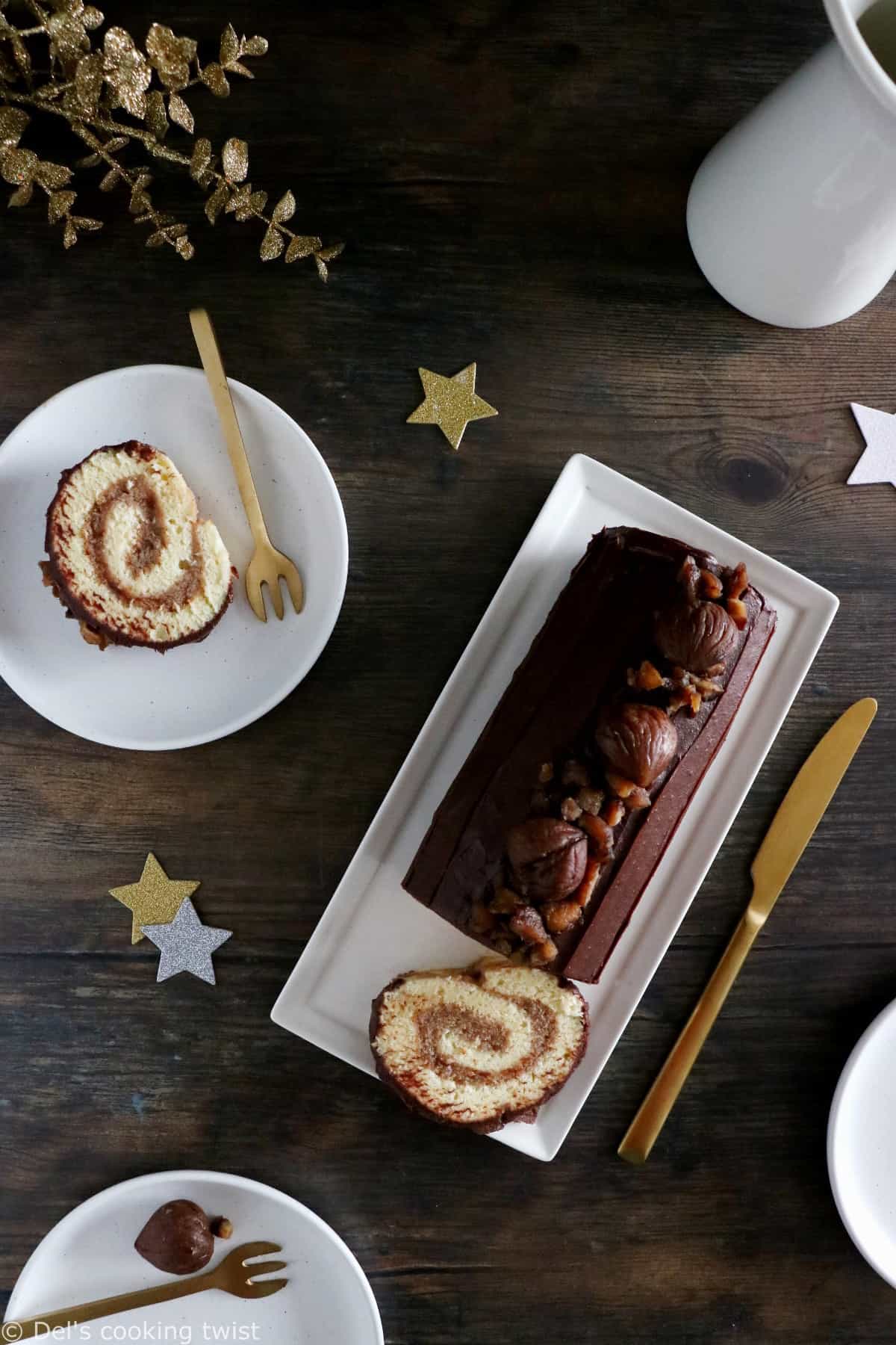 La bûche au chocolat et à la crème de marrons, c'est une bûche de Noël traditionnelle réalisée avec une crème au beurre.