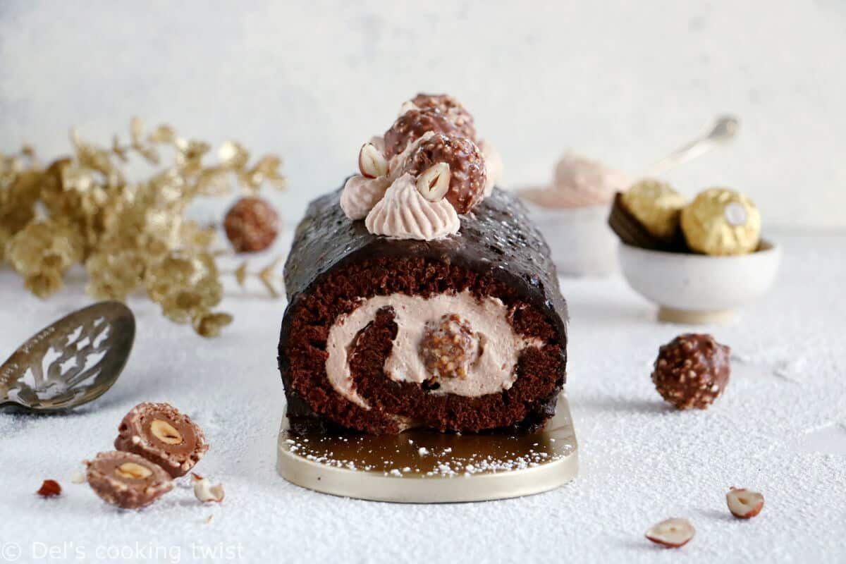 Chocolate Yule Log (Christmas Roll) with Chocolate Rocher Glaze