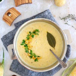 Vegetarian corn chowder is a rich, creamy, and hearty soup, prepared with fresh sweet corn and potatoes.