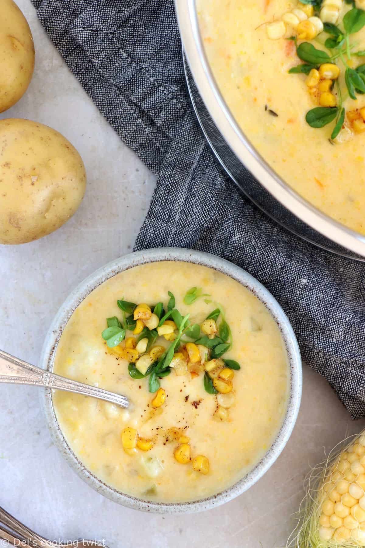 Vegetarian corn chowder is a rich, creamy, and hearty soup, prepared with fresh sweet corn and potatoes.