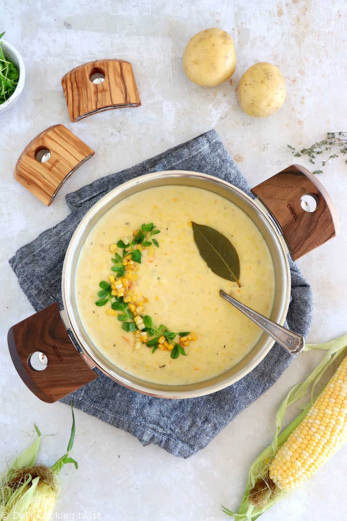 Vegetarian corn chowder is a rich, creamy, and hearty soup, prepared with fresh sweet corn and potatoes.