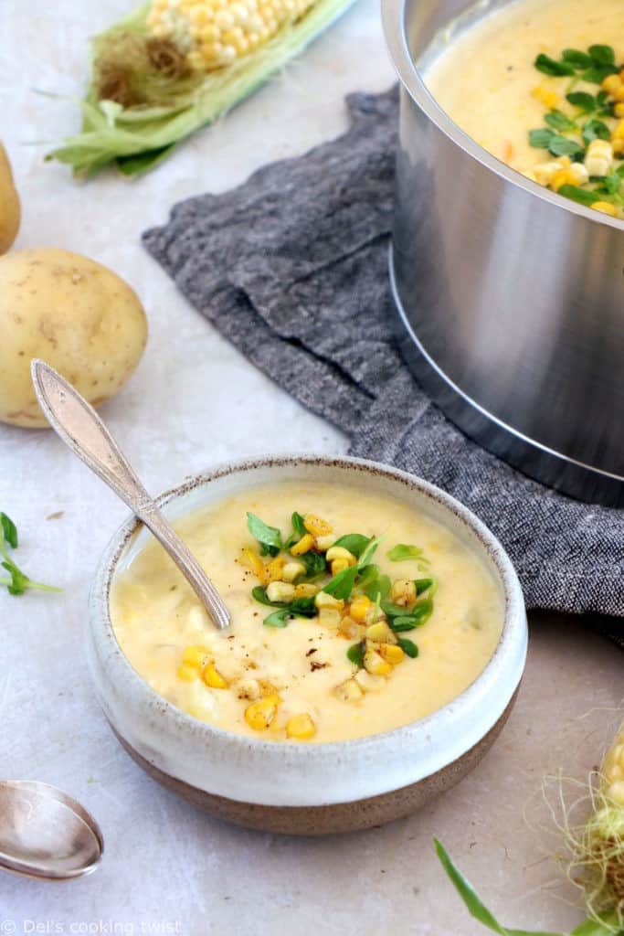 Vegetarian corn chowder is a rich, creamy, and hearty soup, prepared with fresh sweet corn and potatoes.