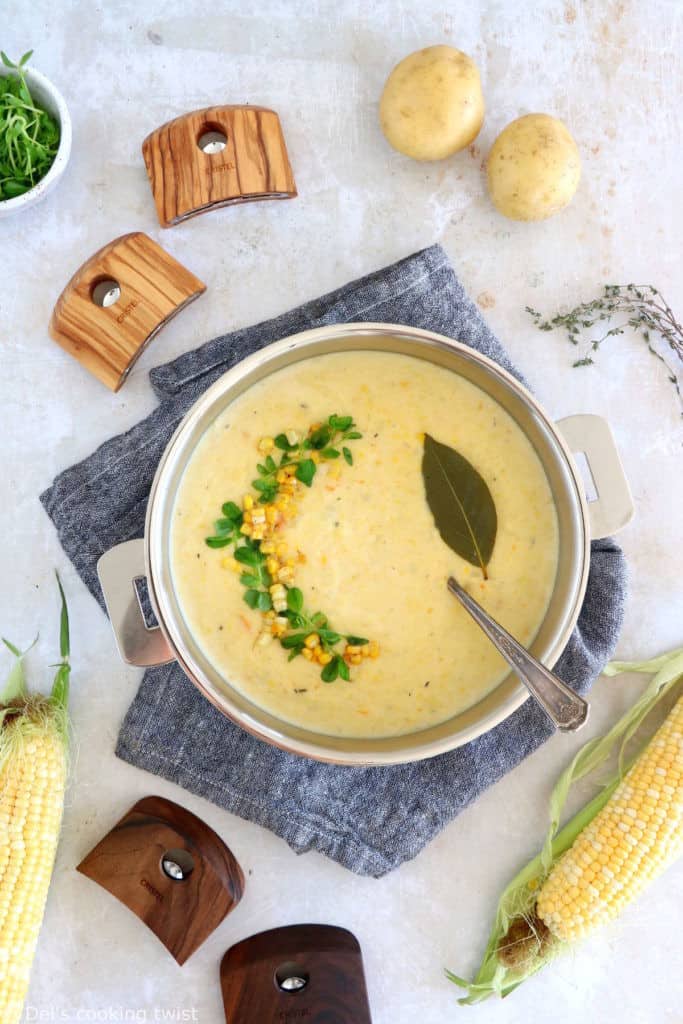 Vegetarian corn chowder is a rich, creamy, and hearty soup, prepared with fresh sweet corn and potatoes.