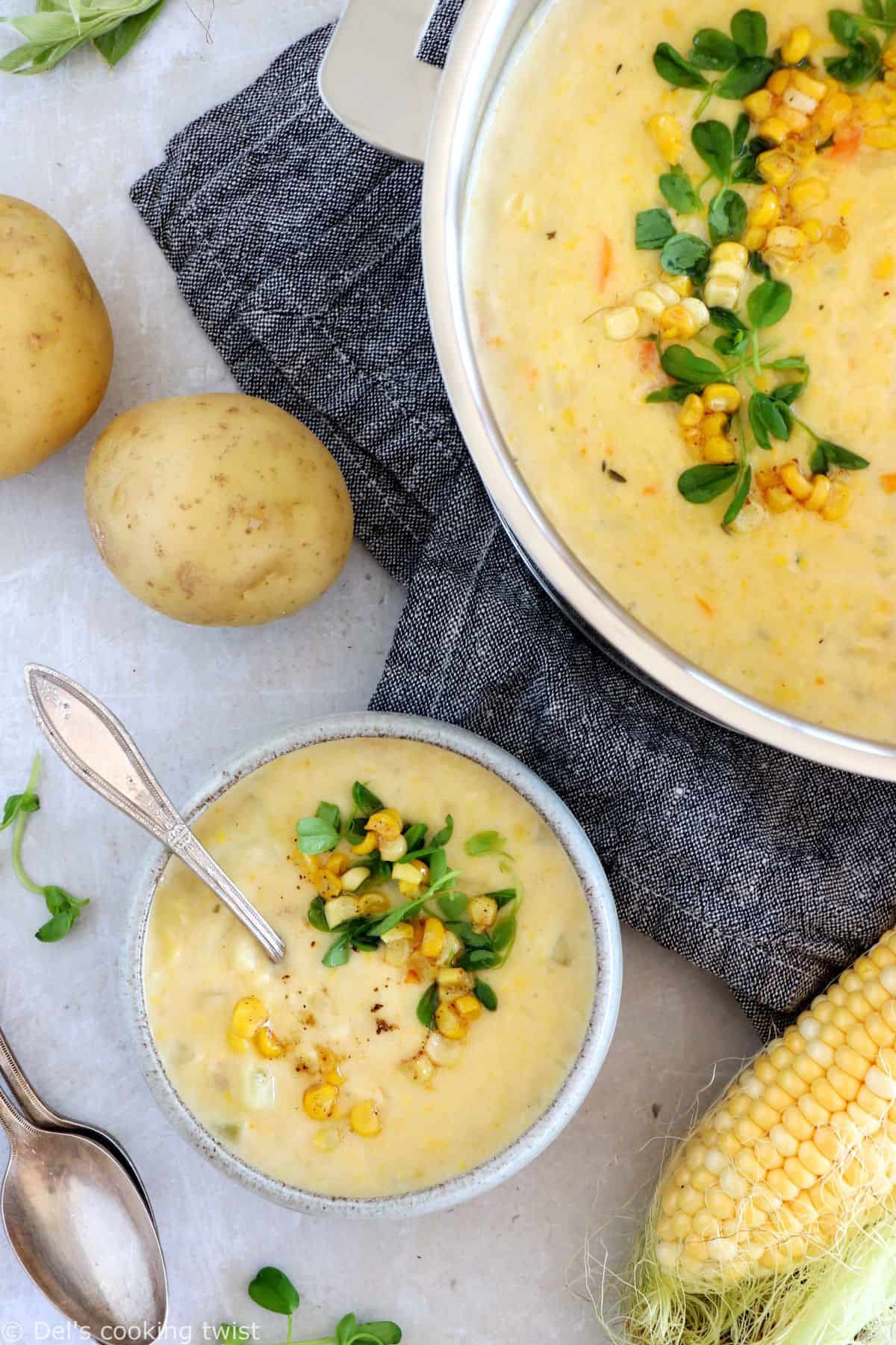 Vegetarian corn chowder is a rich, creamy, and hearty soup, prepared with fresh sweet corn and potatoes.